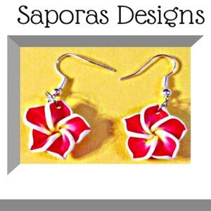 Hawaiian Design Flower Dangle Earrings Pink Yellow & White
